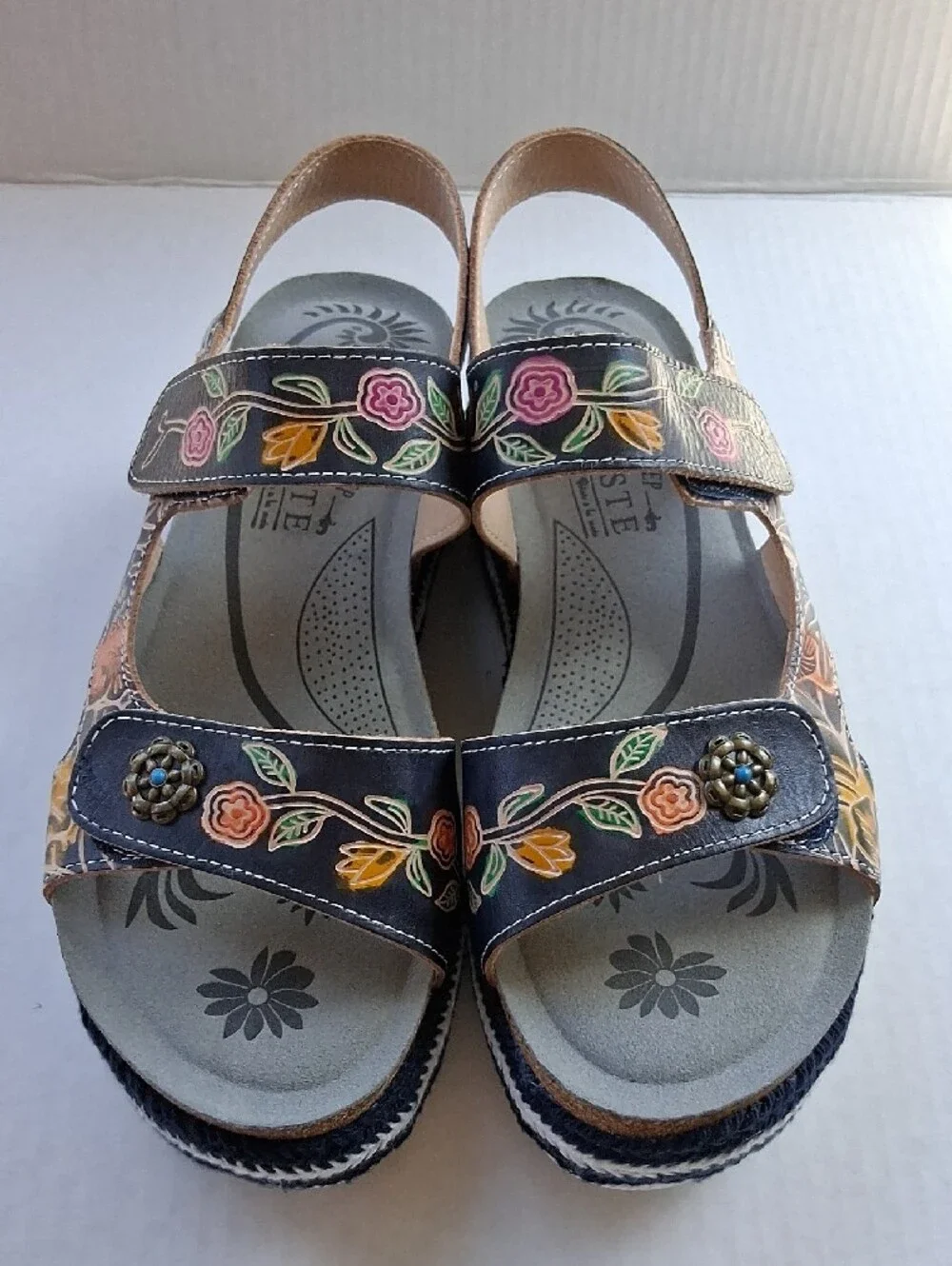 Spring Step Alannah Navy Floral Embroidered Platform Sandals Size EU 39/US 9